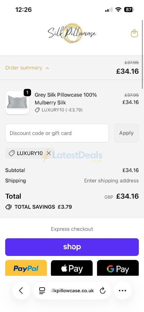 Screenshot of the Silk Pillowcase discount code working
