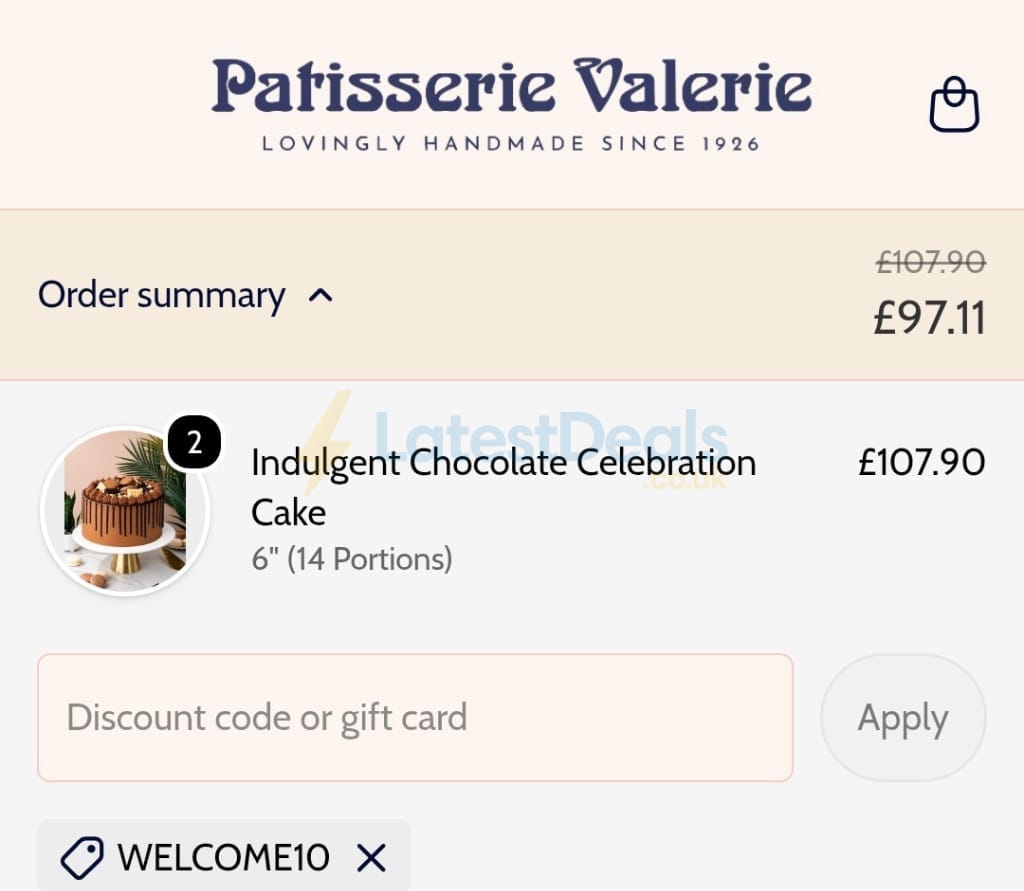 Screenshot of the Patisserie Valerie discount code working