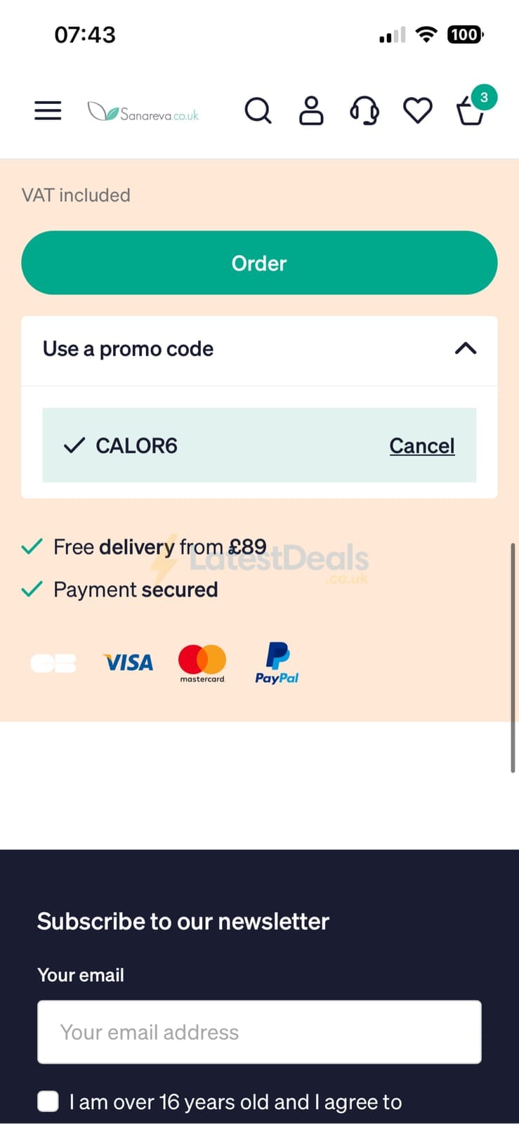 Screenshot of the Sanareva discount code working