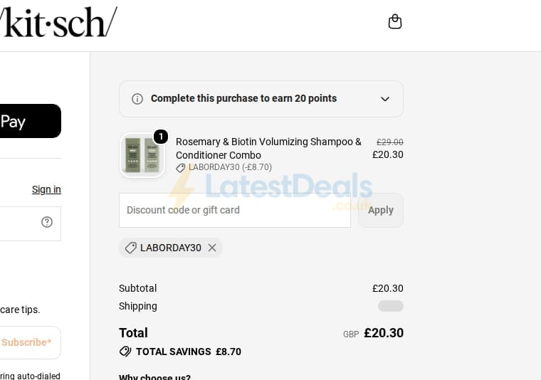 Screenshot of the KITSCH discount code working