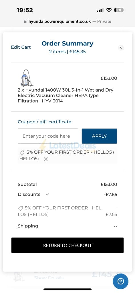 Screenshot of the Hyundai Power Equipment discount code working