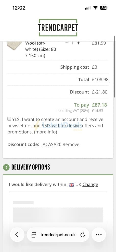Screenshot of the Trendcarpet discount code working