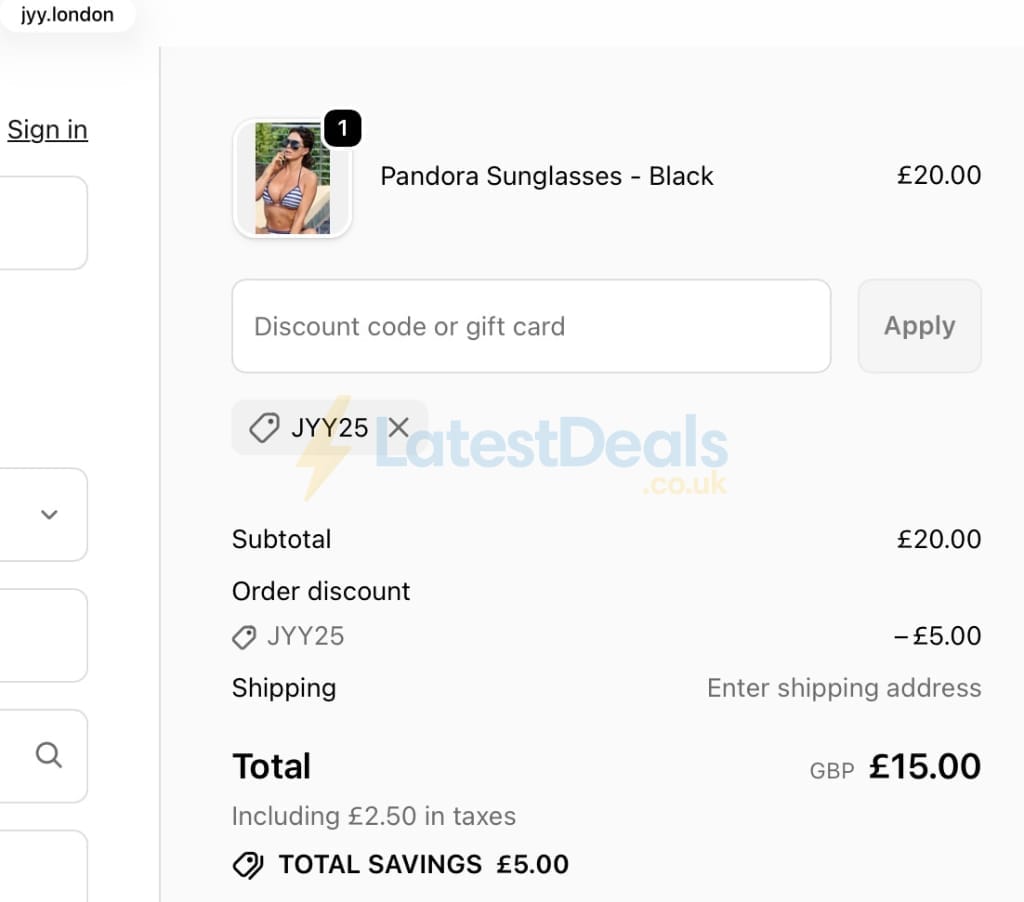 Screenshot of the JYY London discount code working