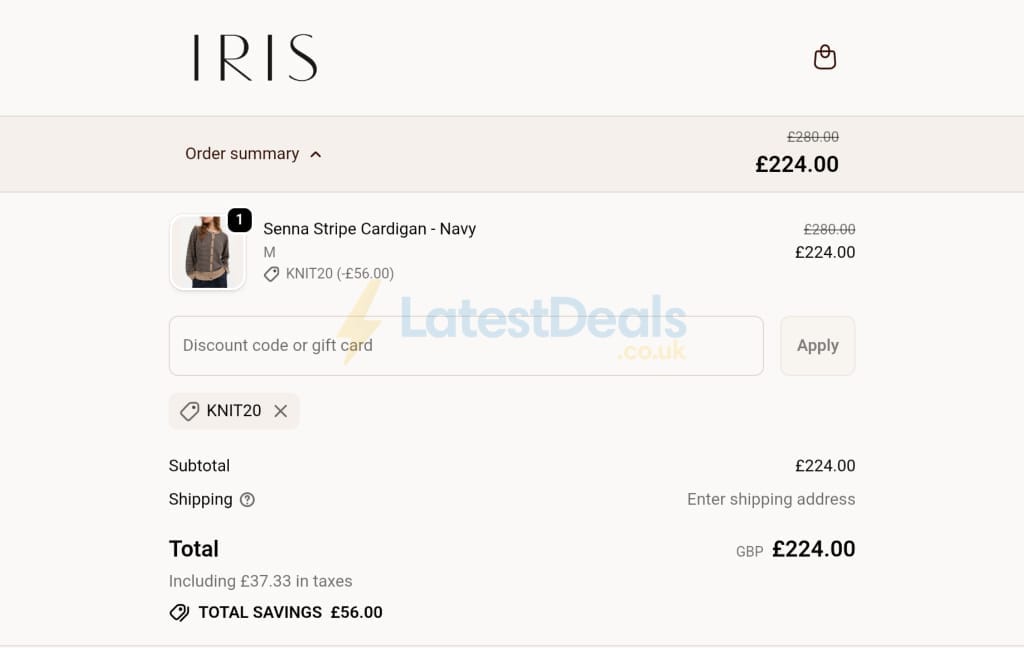 Screenshot of the IRIS Fashion discount code working