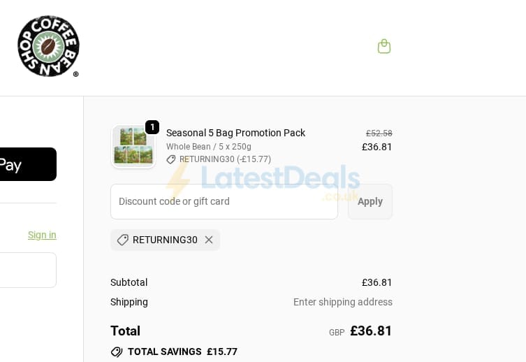 Screenshot of the Coffee Bean Shop discount code working