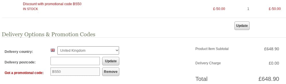 Screenshot of the Uttings discount code working