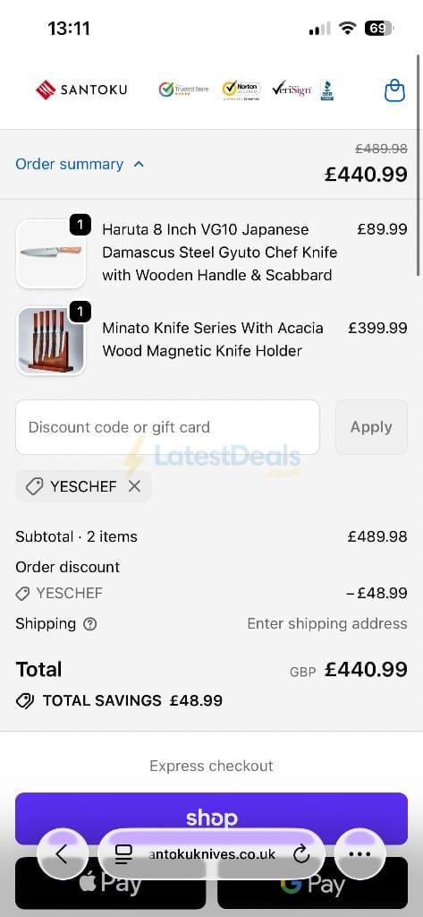 Screenshot of the Santoku Knives discount code working