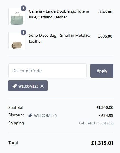 Screenshot of the Handbag Clinic discount code working