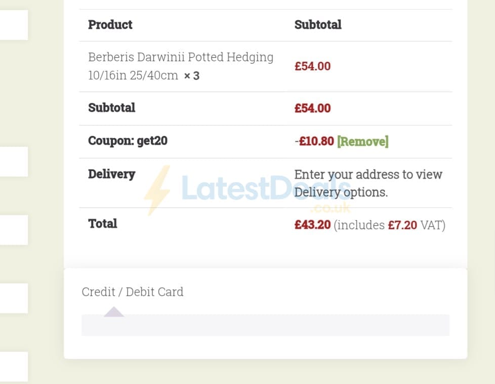 Screenshot of the Hopes Grove Nurseries discount code working
