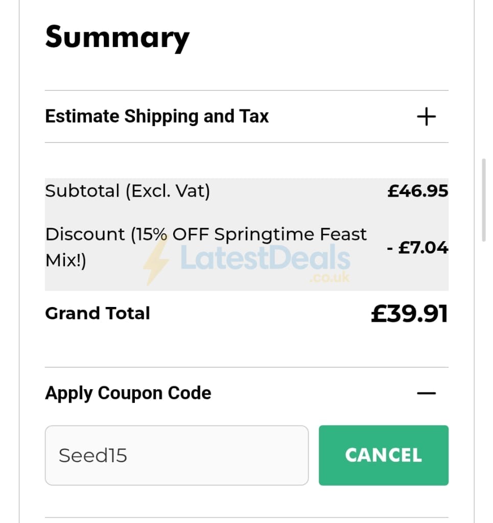 Screenshot of the Ivel Valley Bird Food discount code working