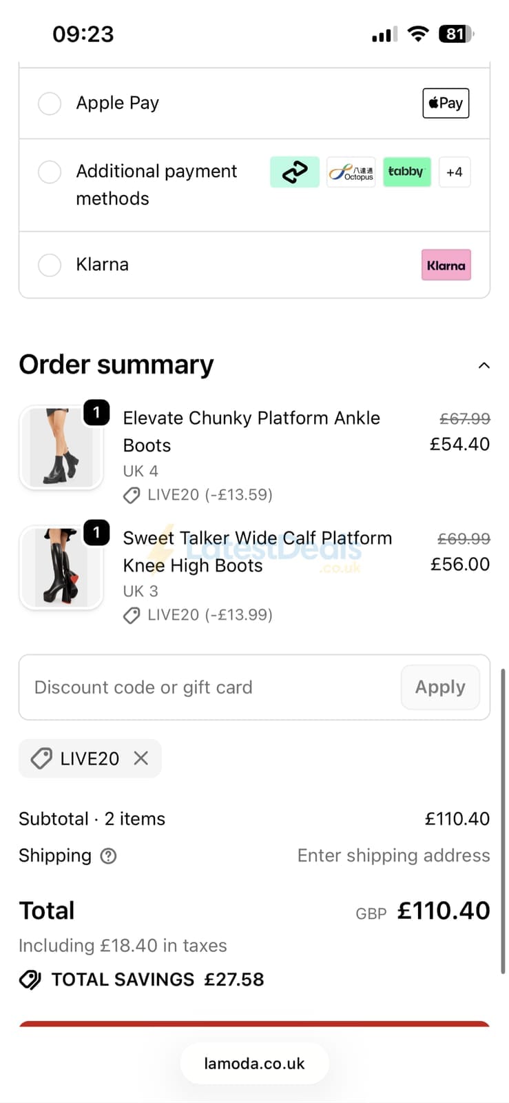 Screenshot of the Lamoda discount code working