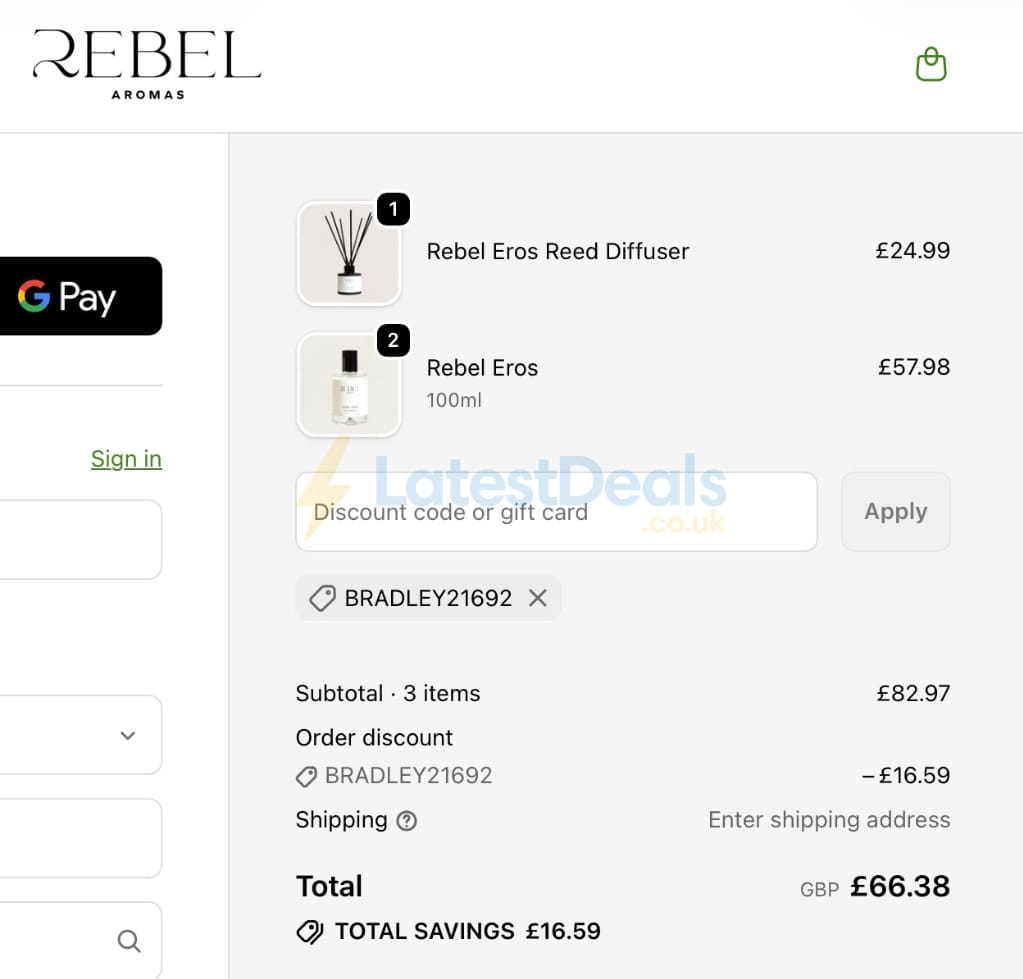Screenshot of the Rebel Aromas discount code working