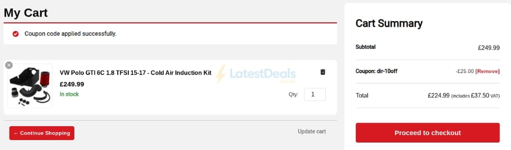 Screenshot of the Direnza discount code working