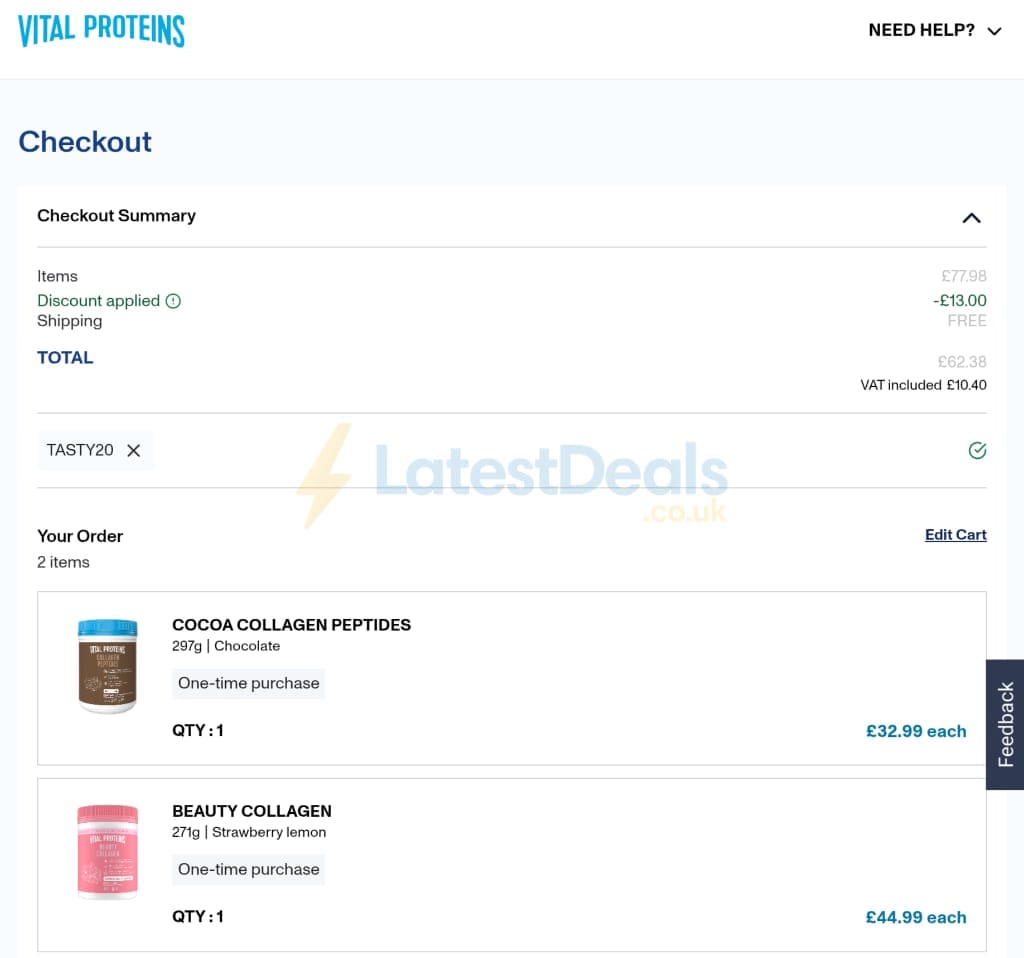 Screenshot of the Vital Proteins discount code working