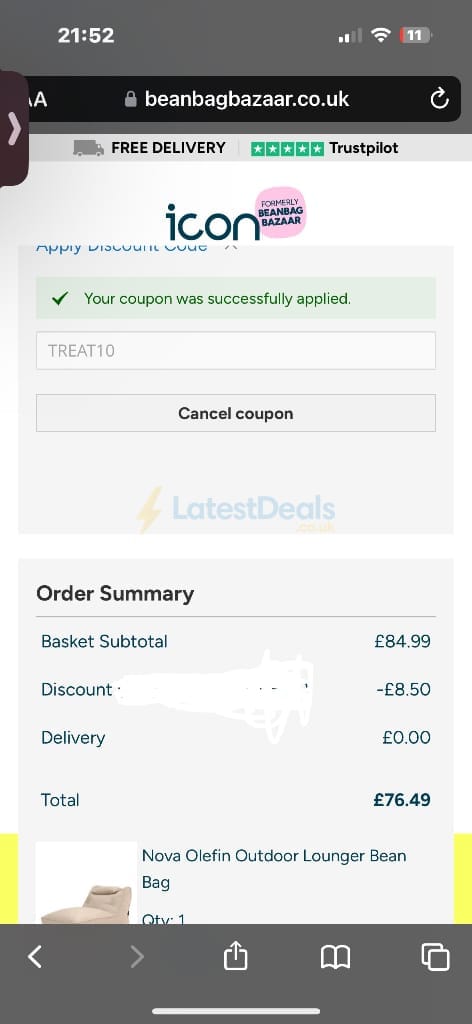 Screenshot of the Bean Bag Bazaar discount code working
