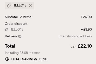 Screenshot of the Nio Cocktails discount code working