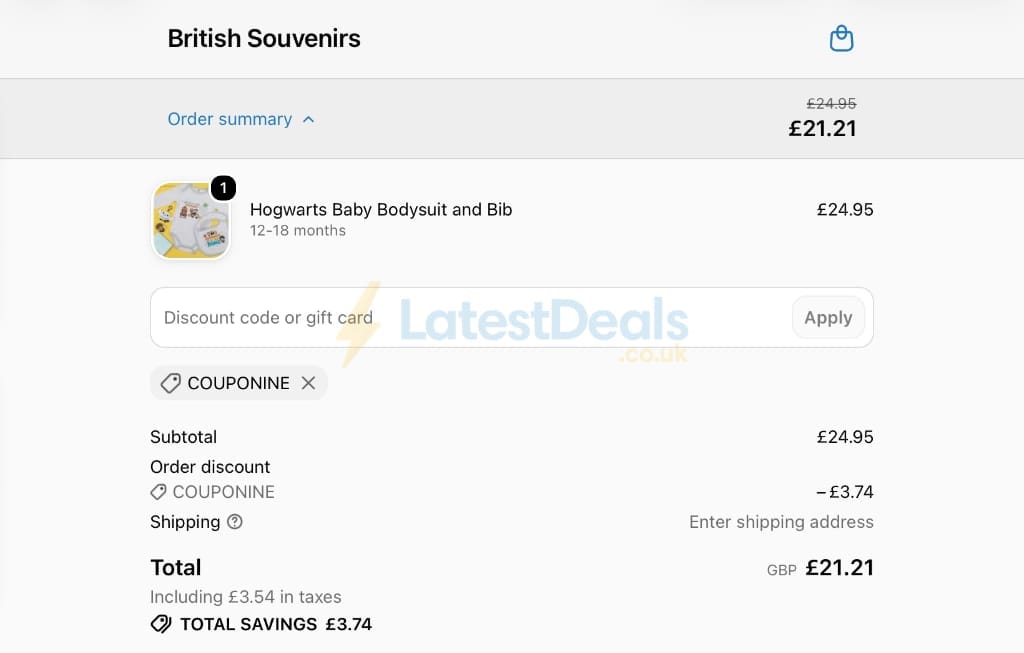 Screenshot of the British Souvenirs discount code working