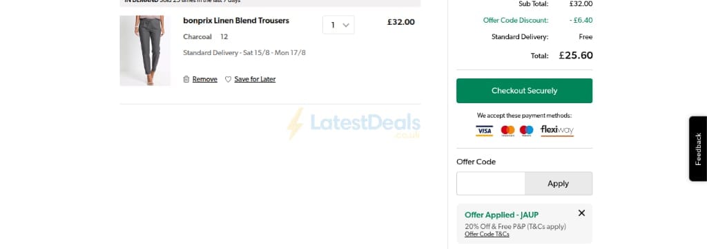 Screenshot of the Grattan discount code working