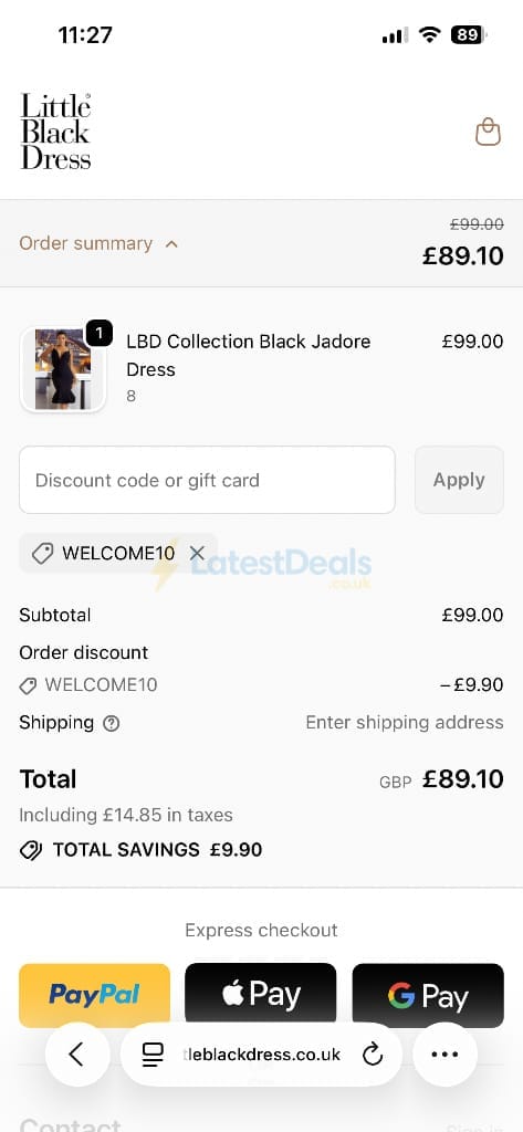 Screenshot of the Little Black Dress discount code working