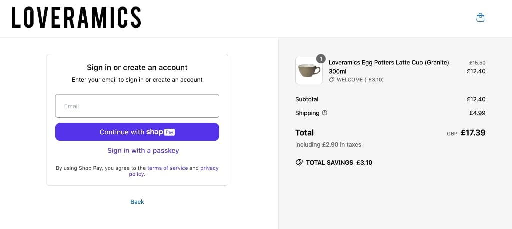 Screenshot of the Loveramics discount code working