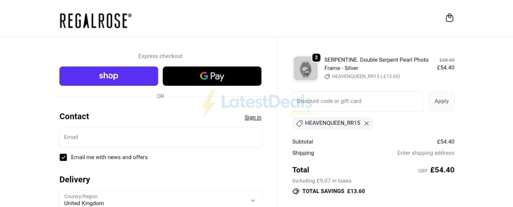 Screenshot of the REGALROSE discount code working