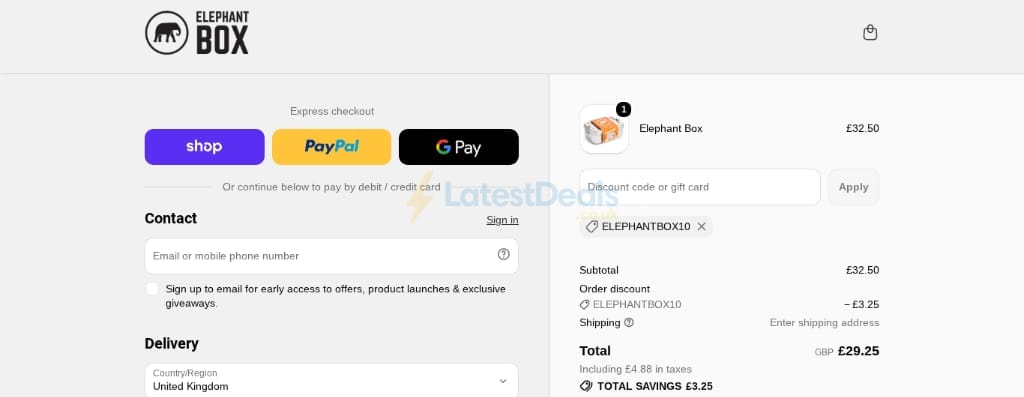 Screenshot of the Elephant Box discount code working