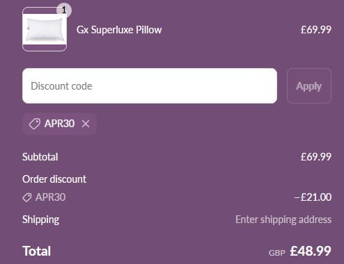 Screenshot of the Gx Pillows discount code working