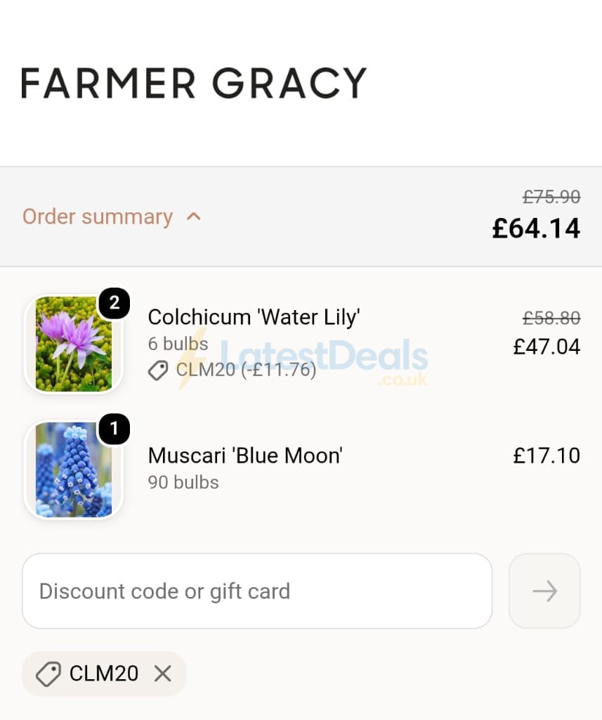 Screenshot of the Farmer Gracy discount code working