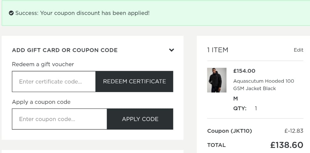 Screenshot of the Terraces discount code working