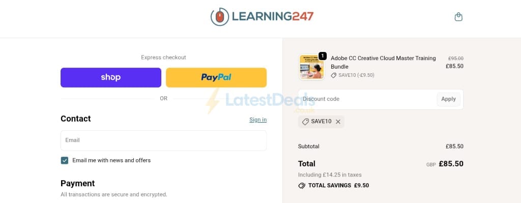 Screenshot of the Learning247 discount code working