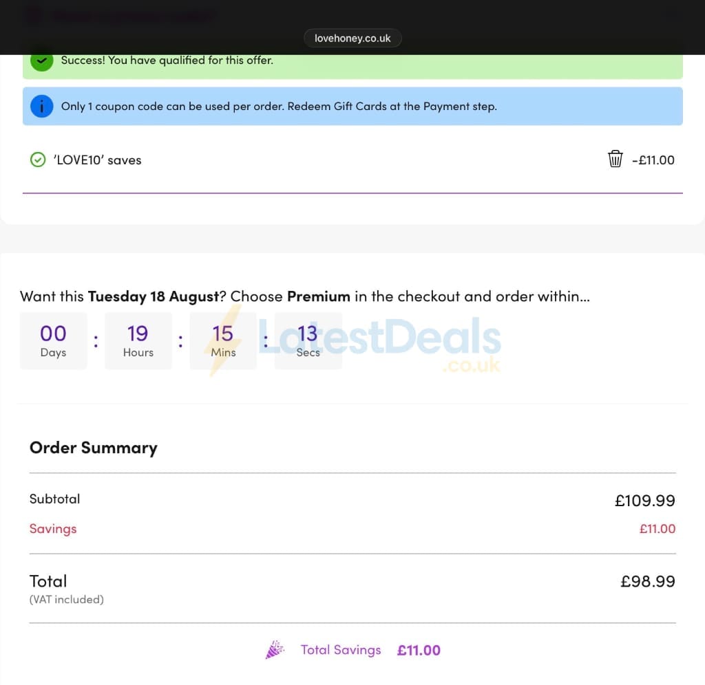 Screenshot of the Lovehoney discount code working