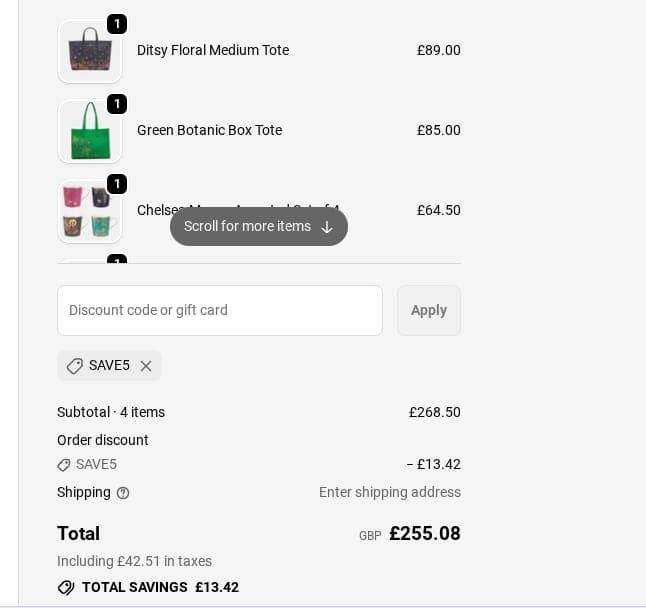 Screenshot of the Sara Miller discount code working