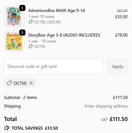Screenshot of the Bayard Magazines discount code working
