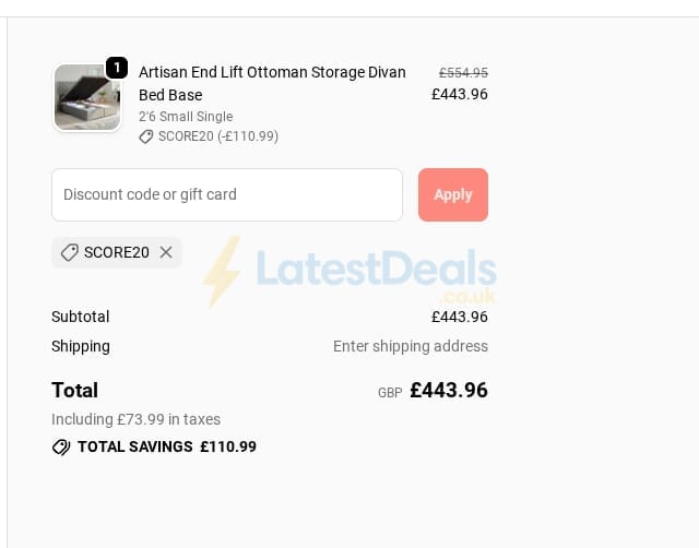 Screenshot of the Divan Base Direct discount code working