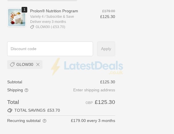 Screenshot of the Prolon UK discount code working