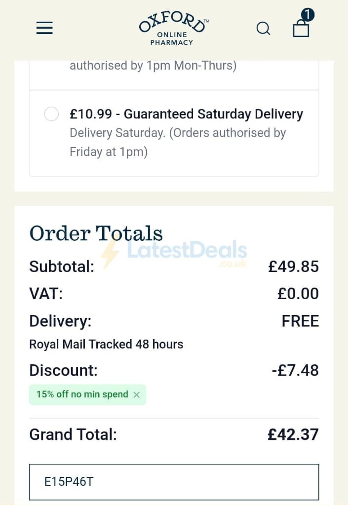 Screenshot of the Oxford Online Pharmacy discount code working