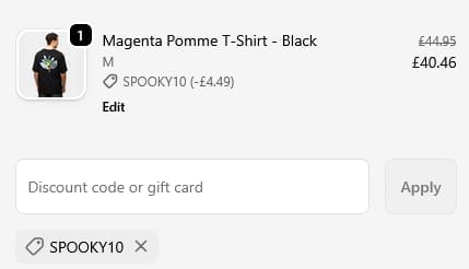 Screenshot of the Route One discount code working