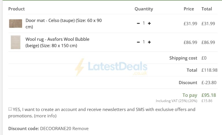 Screenshot of the Trendcarpet discount code working