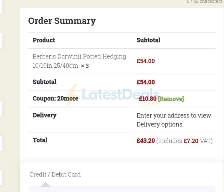 Screenshot of the Hopes Grove Nurseries discount code working