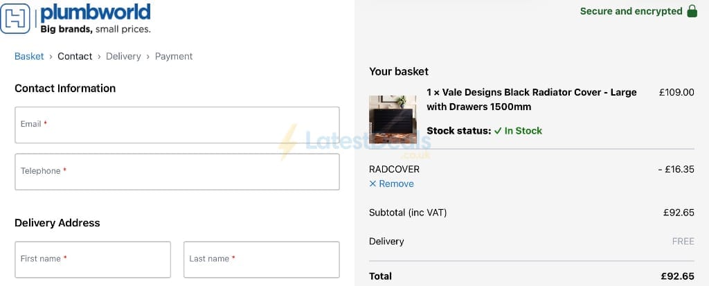 Screenshot of the Plumbworld discount code working