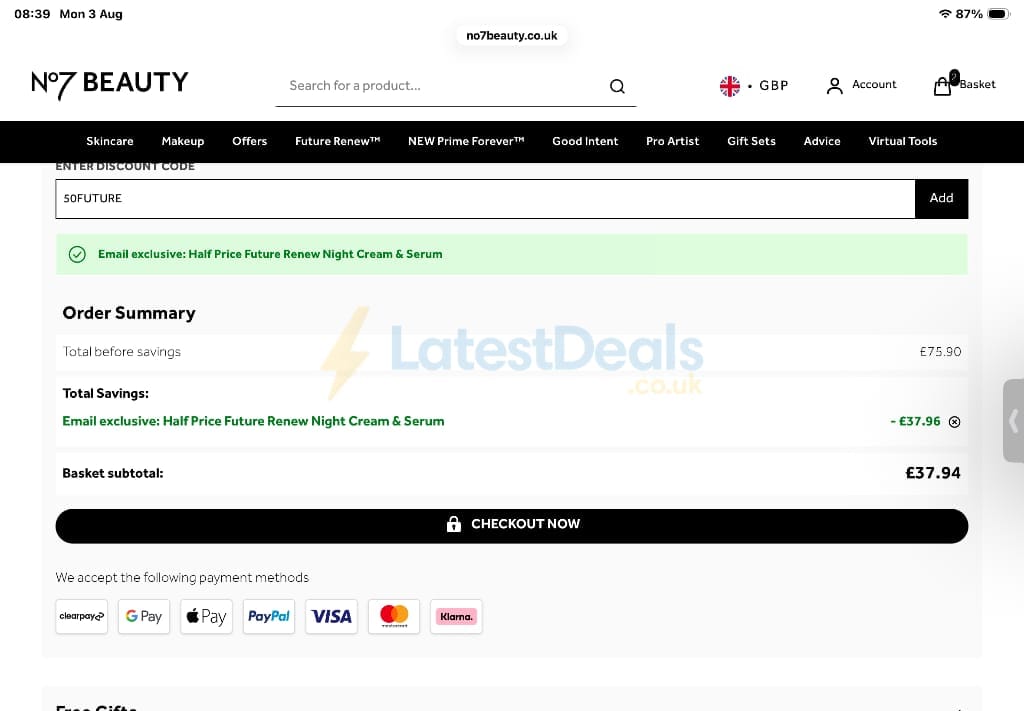 Screenshot of the No7 Beauty discount code working