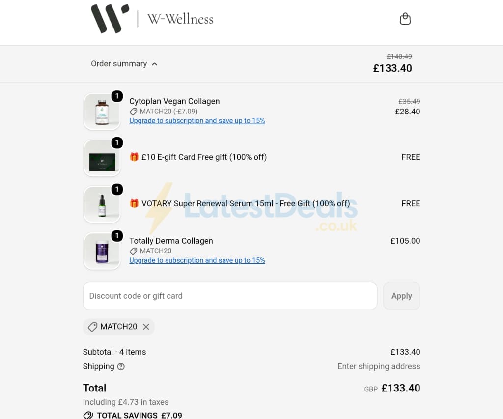 Screenshot of the W-Wellness discount code working