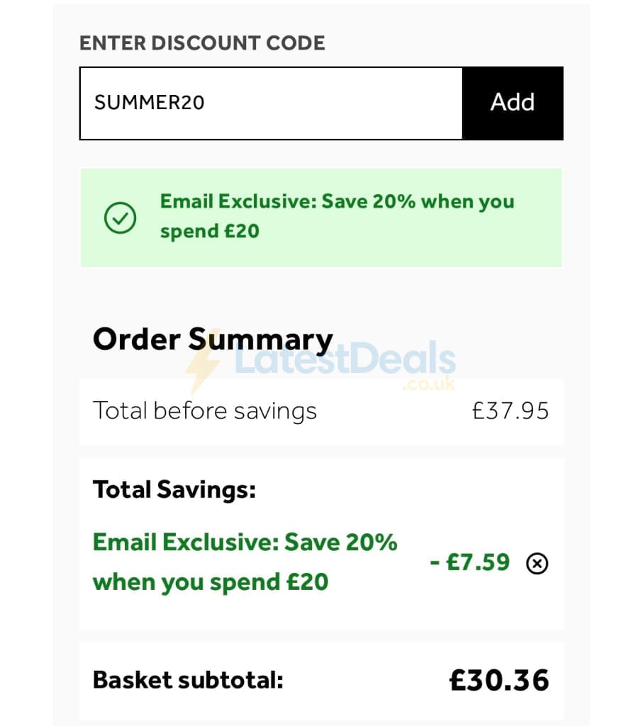 Screenshot of the No7 Beauty discount code working