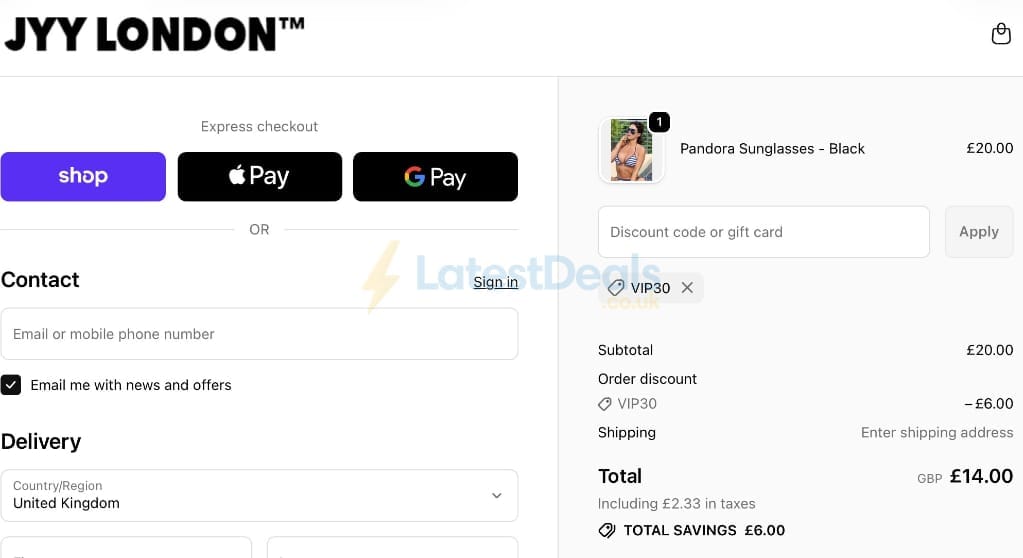 Screenshot of the JYY London discount code working