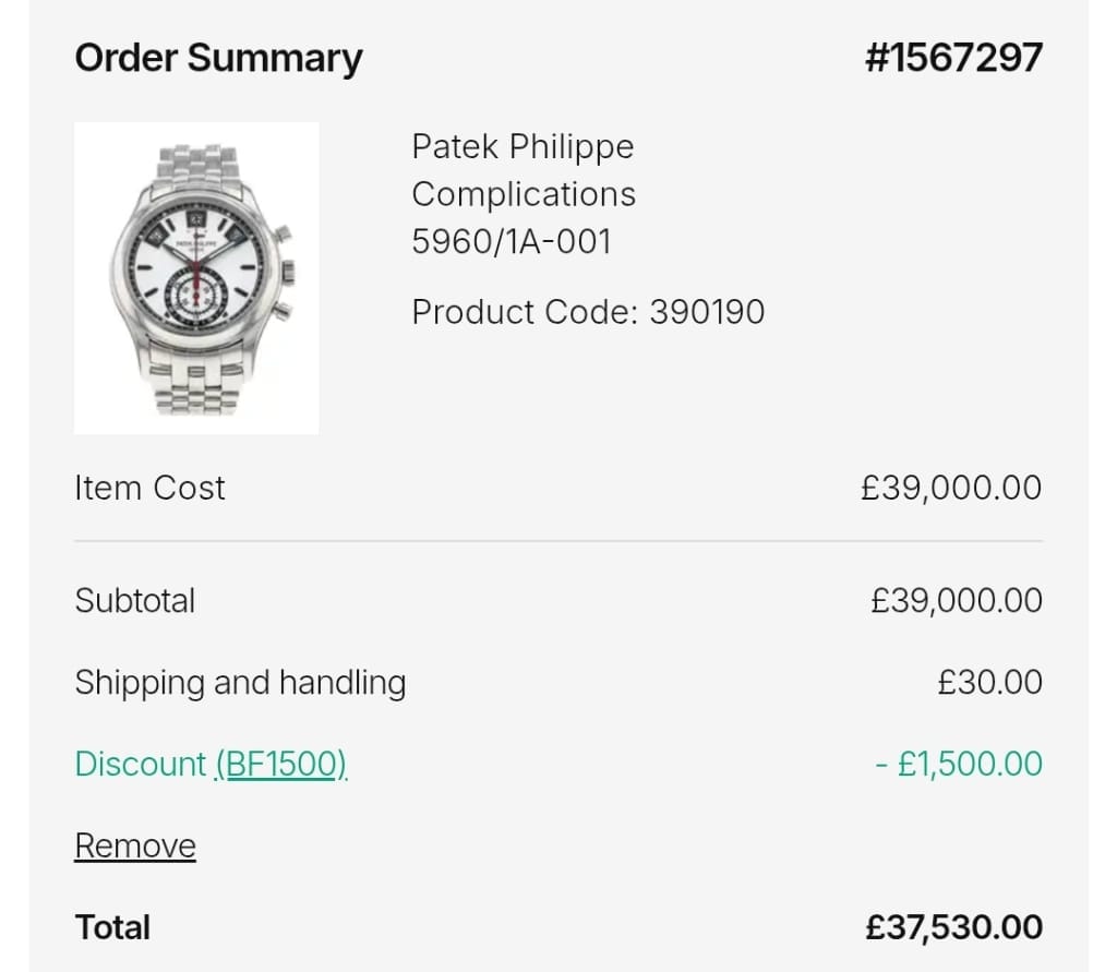 Screenshot of the Watchfinder & Co. discount code working