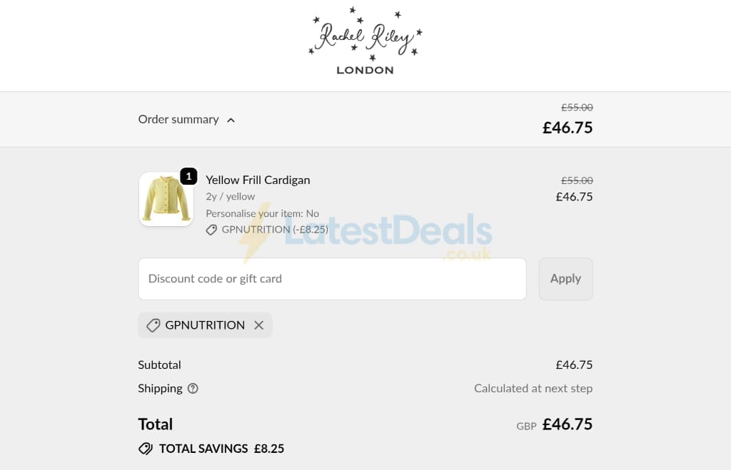 Screenshot of the Rachel Riley discount code working
