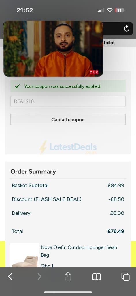 Screenshot of the Bean Bag Bazaar discount code working