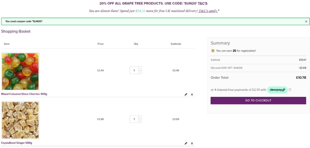 Screenshot of the Grape Tree discount code working