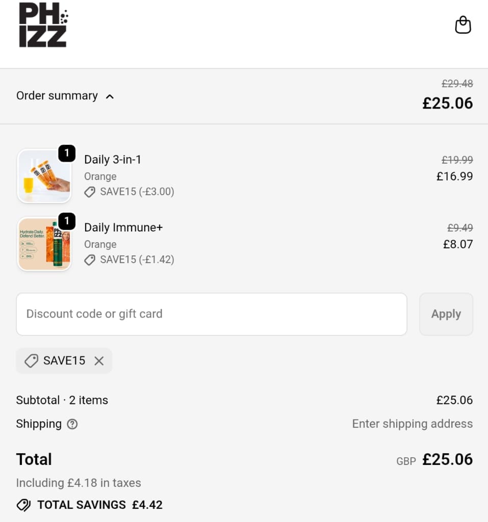 Screenshot of the Phizz discount code working