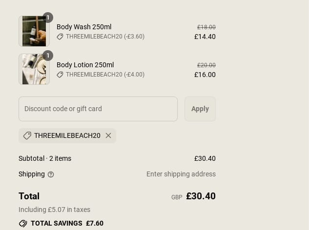 Screenshot of the Land-and-water discount code working